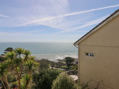 A coastal view showing the ocean with a clear sky palm trees green bushes and part of a yellow house with a small balcony at Seahaze in Downderry