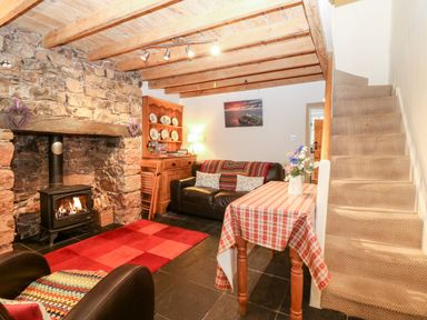 A living room with a stone fireplace a wood burning stove a red checkered tablecloth on a table and carpeted stairs at White Lilac Cottage Brynsiencyn