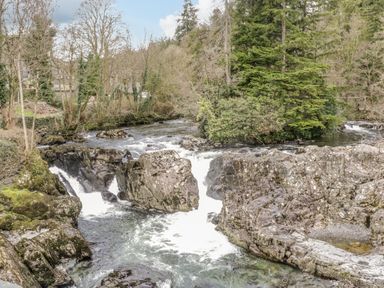 A river with rocks and water flowing through a forested area at Royal Oak Farm Cottage in Betws-y-Coed