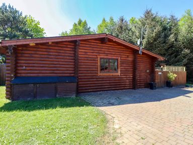 An exterior view of a wooden log cabin with a window and paved driveway at Starwood in Felton