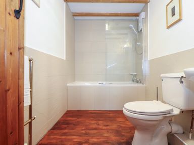 A bathroom with a bathtub shower toilet and wooden floor at Joes Barn in Mullion