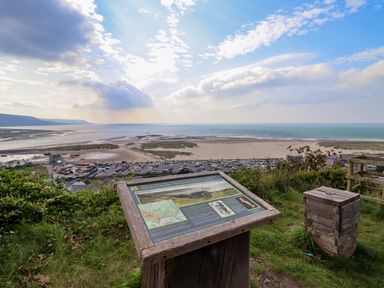 A coastal view with a wooden information board and parking area near the beach at Pengarreg in Barmouth