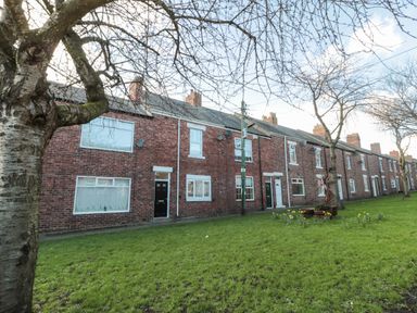 A row of brick terraced houses with front doors and windows facing a grassy area with trees and flowers at Sunflowers in Earsdon near Whitley Bay