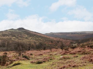 A grassy and shrub-covered valley with hills in the background under a partly cloudy sky at Brimpts Barn in Dartmeet near Princetown