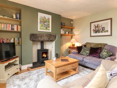 A living room with a fireplace a wooden coffee table sofas and bookshelves at Lavender Cottage in Coniston