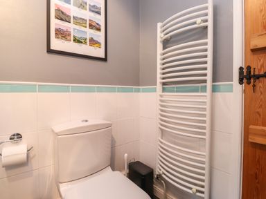 A bathroom with a toilet paper holder a white toilet a towel radiator a wooden door and a framed picture on the wall at Lavender Cottage in Coniston