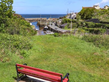 A red bench facing a grassy area overlooking a small harbor with boats and houses near the sea at Ty Bara in Cemaes Bay