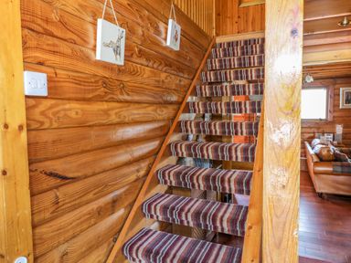 A wooden staircase with striped carpet leading to an upper floor in a log cabin with a living area visible in the background at Thistle Dubh Doo in Sandyhills