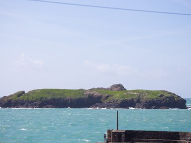 A small rocky island with green grass surrounded by ocean and a person standing on a stone pier at Rebecca in Mullion Cove near Mullion
