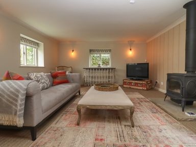 A living room with a sofa ottoman rug television and wood stove at Millpond Bothy in Woolhope