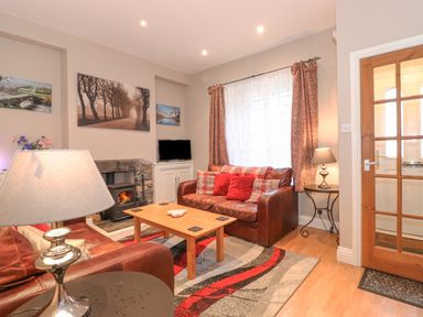 A living room with two leather sofas a wooden coffee table a fireplace and a television at Myrtle Cottage in Windermere