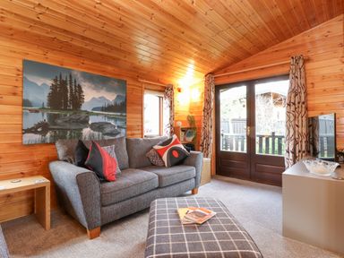 A living room with a gray sofa and patterned cushions an ottoman a TV on a cabinet and a large landscape picture on a wooden paneled wall at Hayeswater Lodge Burnside Park near Keswick