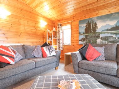A living room with grey sofas and patterned cushions wooden walls and a large landscape photo at Hayeswater Lodge Burnside Park near Keswick