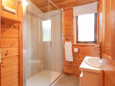 A bathroom with a glass shower enclosure a window a sink and wooden walls at Hayeswater Lodge Burnside Park near Keswick