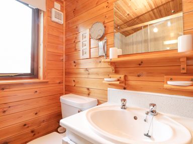 A bathroom with wooden walls a white sink and toilet and a window at Hayeswater Lodge Burnside Park near Keswick