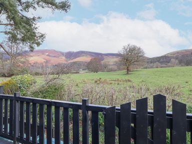 A countryside view with a black wooden fence trees and hills in the distance at Hayeswater Lodge Burnside Park near Keswick