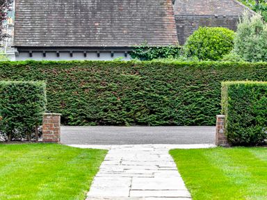 A garden pathway with green grass and hedges leading to a driveway and a house roof in the background at Tudor Grange in Bournemouth