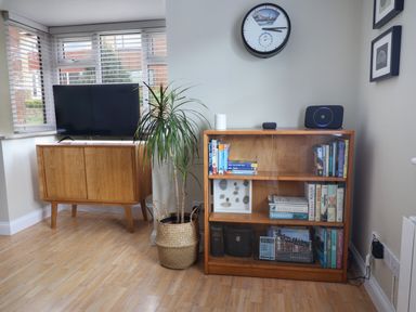 A corner of a room with a wooden cabinet holding a television next to a potted plant and a bookshelf with books and a clock on the wall at 8 Biddlecombe Orchard in Bridport