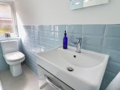 A bathroom with a white toilet next to a white sink with a blue soap dispenser on the sink and blue tiles on the wall at 8 Biddlecombe Orchard in Bridport