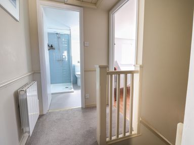A hallway with carpet leading to a bathroom with a shower and another room with wooden flooring at 8 Biddlecombe Orchard Bridport