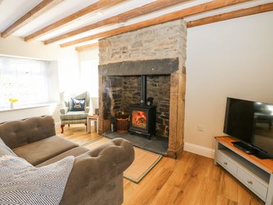 A living room with a stone fireplace a wood burning stove a chair a sofa and a television at Bridge End Cottage in Wark