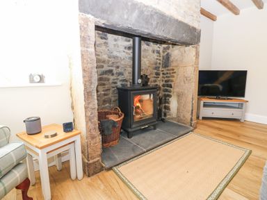 A room with a wood burning stove in a stone fireplace a TV on a wooden stand a small table with a speaker and other items and a beige rug on a wooden floor at Bridge End Cottage in Wark