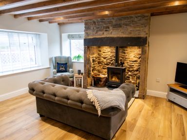 A living room with a tufted sofa a stone fireplace a wood stove a plaid armchair and a television at Bridge End Cottage in Wark