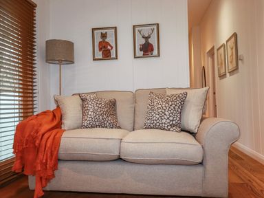 A beige sofa with patterned and plain cushions and an orange throw next to a floor lamp and framed animal artwork on the walls at 1 Streamside in Lanreath