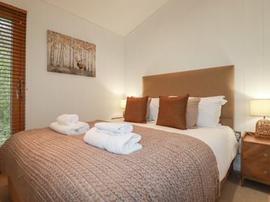 A bedroom with a bed with brown and white bedding bedside tables with lamps and a painting on the wall at 1 Streamside in Lanreath