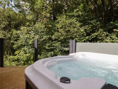 A hot tub on a wooden deck with glass panel fencing and dense green trees behind at 1 Streamside in Lanreath