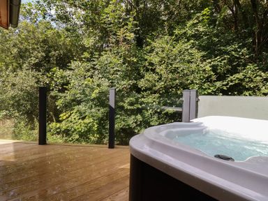 An outdoor wooden deck with a hot tub and glass railing surrounded by trees at 1 Streamside in Lanreath