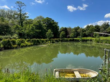 A pond surrounded by trees and bushes with a small boat at the edge at The Farmhouse in St Osyth