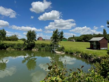 A pond with trees and a small red shed by a grassy field under a blue sky at The Farmhouse in St Osyth