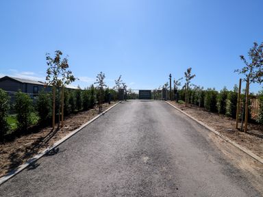 A roadway leading to a gate with trees lining the sides at The Farmhouse in St. Osyth