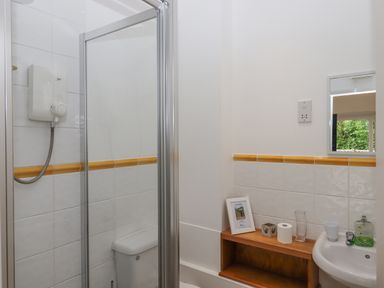 A bathroom with a shower enclosure a toilet a small wooden shelf with toiletries and a mirror above a sink at Crystals in Hatherleigh