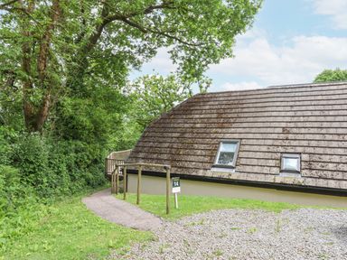 A sloped roof building with two windows surrounded by trees and a gravel path at Crystals in Hatherleigh