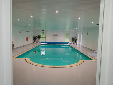 An indoor swimming pool with a ball floating on the water and potted plants along the walls at Crystals in Hatherleigh