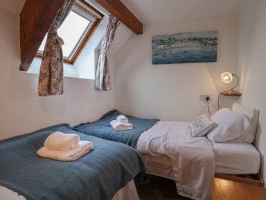 A bedroom with two single beds under a skylight window and a lamp at Butterton Cottage Combe Raleigh near Honiton