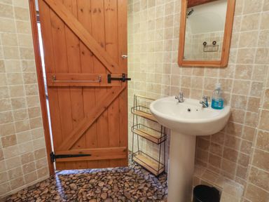 A bathroom with a wooden door a pedestal sink with soap a mirror and a small shelf unit at Butterton Cottage in Combe Raleigh near Honiton