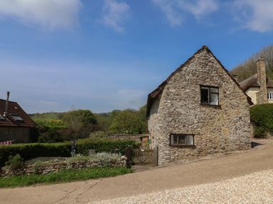 A stone cottage with two windows and a wooden gate beside a gravel path at Butterton Cottage in Combe Raleigh near Honiton