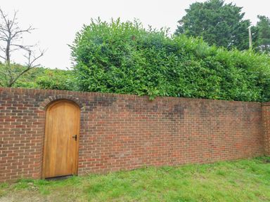 A wooden door set in a brick wall with green bushes and trees behind the wall at Coldharbour Farm Bungalow Annexe Coldharbour near Wareham