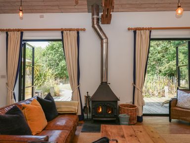 A living room with a wood stove and large windows at Burrows in Venn Ottery near Sidmouth