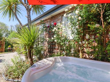 An outdoor hot tub next to a brick wall with climbing rose plants and a palm tree at Sunset Cottage Swimbridge near Barnstaple