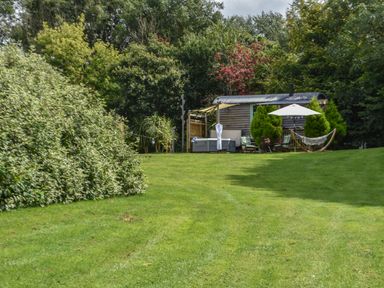 A grassy yard with a wooden hut patio furniture an umbrella and a hammock surrounded by trees at Burr 1 Shepherds Hut in Barnstaple