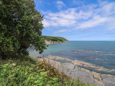 A coastal scene with green vegetation rocky shore and blue sea at Pen y Graig in Aberporth
