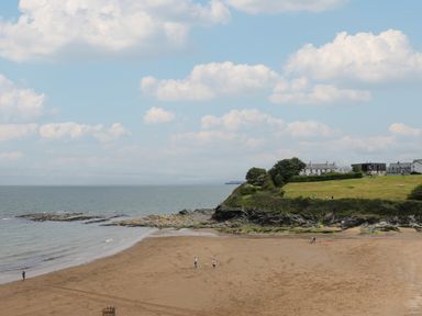 A sandy beach with a few people and dogs near a grassy cliff with houses at Pen y Graig in Aberporth