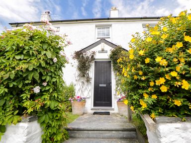 A garden with flowers and a front door at Pen y Graig Aberporth