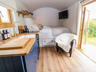 A small room with a kitchenette, a bed, an armchair, and a wall-mounted TV at Cariad Mawr in Gwaenysgor near Prestatyn