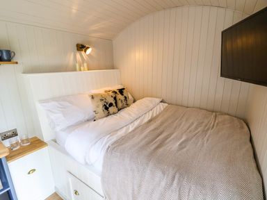 A bedroom with a bed a wall lamp and a wall mounted television at Cariad Mawr in Gwaenysgor near Prestatyn