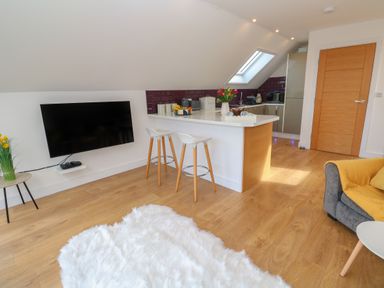 A kitchen area with two bar stools a mounted television and a gray sofa with a yellow throw at Cuckoo's Rest in Penryn